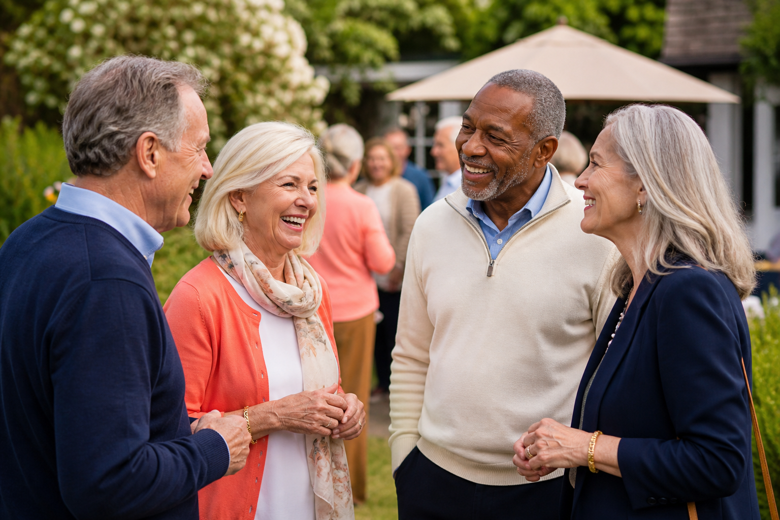 A lively group of singles over 50 chatting at a garden social